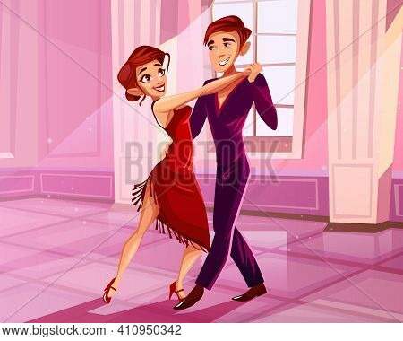 Couple Dancing In Ballroom Vector Illustration Of Tango Dancer. Man And Woman In Red Dress At Latin 