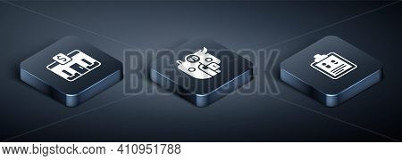 Set Isometric Bank Building, Business Finance Report And Bull And Bear Of Stock Market Icon. Vector