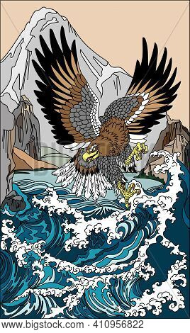 Eagle Flying Low Over Stormy Sea. A Bird Of Prey Flight In A Landscape With A Mountain, Rocks And Wa