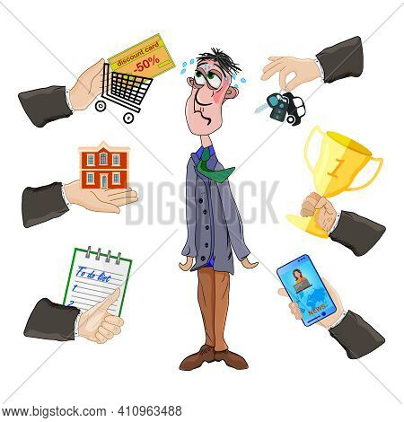 Depressed Man With Many Hands Isolated On White Background. Multitasking Problem With Stress And Pre