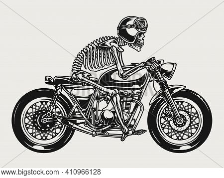 Skeleton Racer Riding Brat Style Motorcycle In Vintage Monochrome Style Isolated Vector Illustration