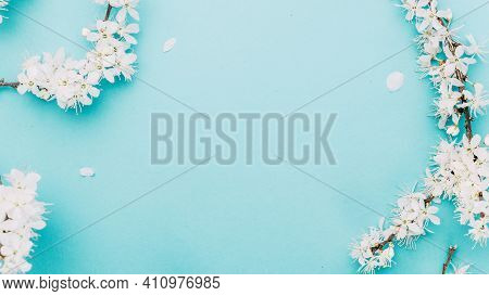Spring Background Table. May Flowers And April Floral Nature On Blue. For Banner, Branches Of Blosso