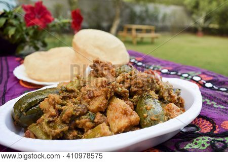 Food Authenthic Indiand Village Style Gujarati Dish Surti Undhiyu. Mixed Vegetable Item Coked With S