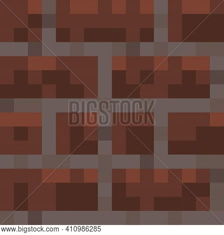 Pixel Minecraft Style Bricks Block Background. Concept Of Game Pixelated Seamless Square Red Brick B