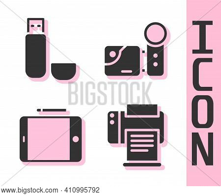 Set Printer, Usb Flash Drive, Graphic Tablet And Cinema Camera Icon. Vector