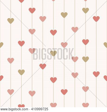 Colorful Hearts Strips Seamless Repeating Pattern With Creamy Off White Background. Vector Illustrat