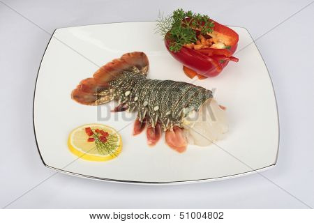 Fresh lobster tail in white plate.