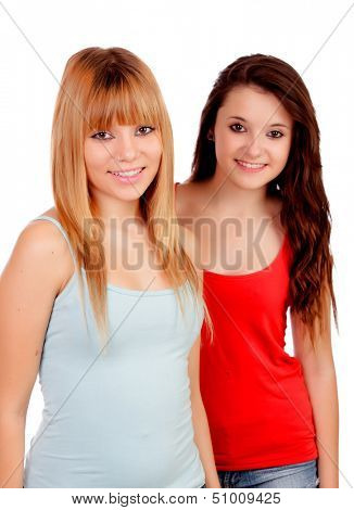 Two teen sisters isolated on white background