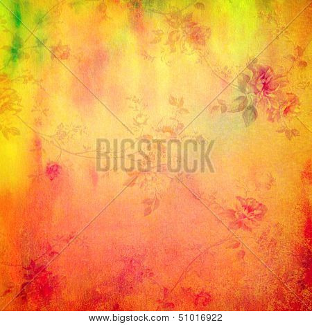 Highly detailed red and yellow grunge background or paper with vintage texture, floral patterns and space for your text, image or border frame