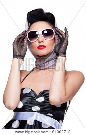 young stylish caucasian woman posing, isolated over white, retro styling