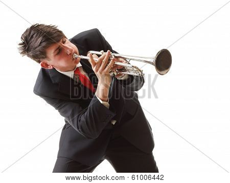 Portrait Of A Young Man Playing His Trumpet Plays Isolated White