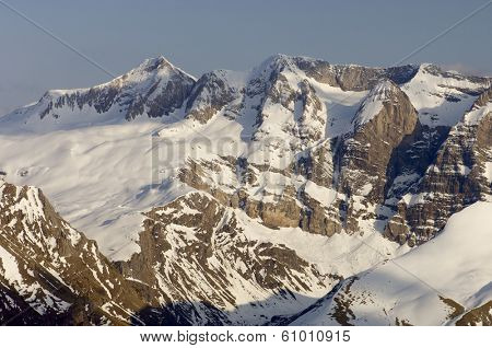 sunset view of the northern slopes of Tendenera Mountains in the Valley of Tena, Pyrenees, Huesca, Aragon, Spain