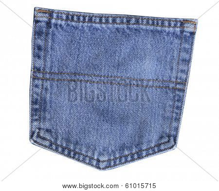 Back pocket of blue jeans on white background