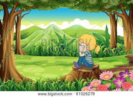 Illustration of a sad girl sitting above the stump at the forest