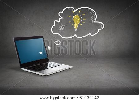 technology and advertisement concept - laptop computer with blank screen and ligth bulb in text bubble