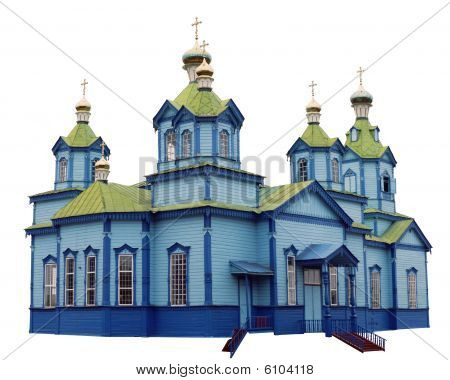 Chiesa in legno blu nel villaggio di Rohoziv