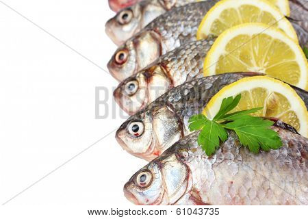 Fresh fishes with lemon and parsley isolated on white 