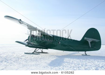 Fly med ski på sneen