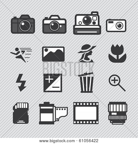 Photography camera lens and accessories set vector icons