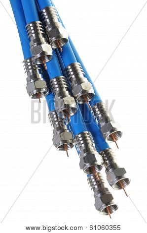 Bunch of blue coaxial cables with connectors