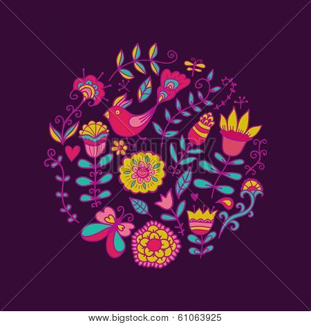 Vector illustration of circle made of flowers and birds