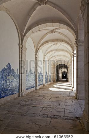 Lisbon, Portugal - September 15, 2013: Cloister of Sao Vicente de Fora Monastery in white limestone. Very important monument in Lisbon, Portugal. 17th century Mannerism
