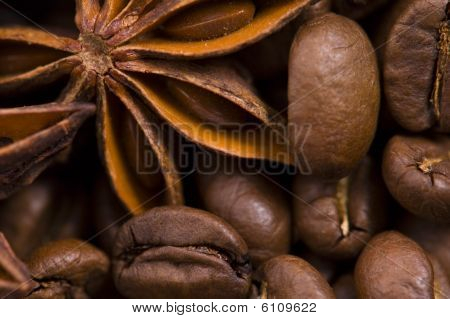 Aroma Kaffee. Zutaten. Kaffee Bohnen, Anis, Zimt, Zucker