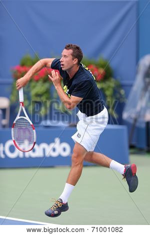 Professional tennis player Philipp Kohlschreiber practices for US Open 2014