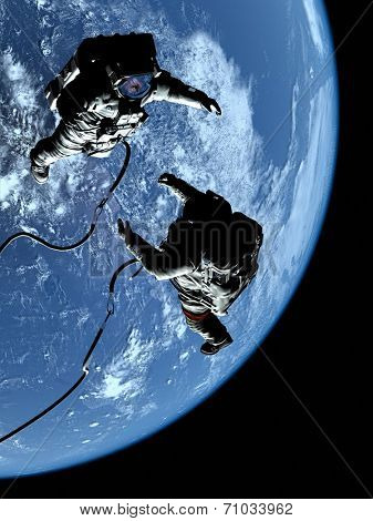 Two astronauts in space on the backdrop of the planet..