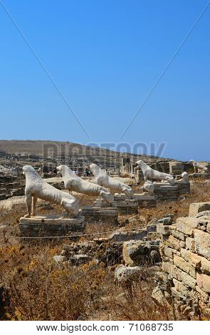 Ancient lions on Delos. Archaeological island in Greece