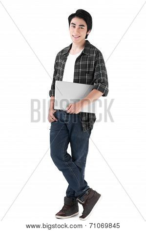 Young Man In Casual And Relax Style With Lab Top Computer
