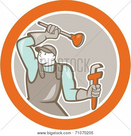 Plumber Wielding Plunger Wrench Circle Cartoon