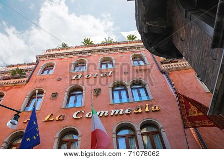 Facade Of The Hotel A La Commedia In Venice, Italy