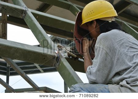 Welder with protective mask welding metal