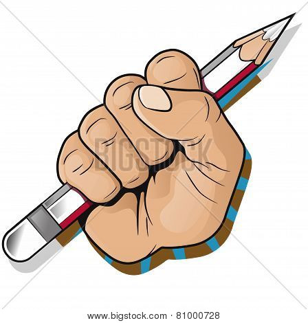 Punching Fist And Pencil Sign.