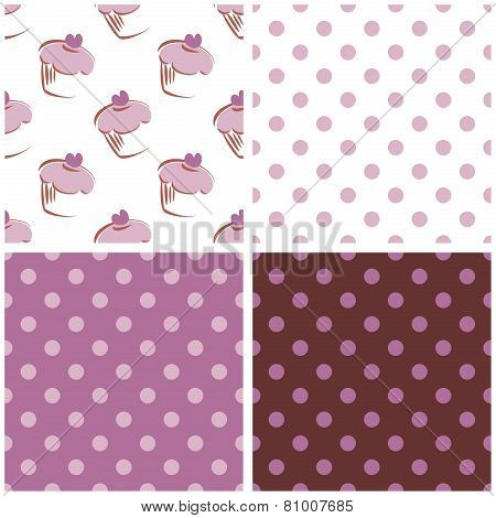 Tile vector background set with polka dots and heart chocolate cupcakes