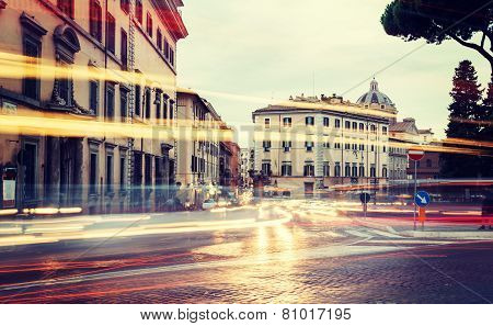 Light Of Car Traffic On Piazza D'aracoeli