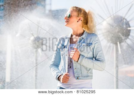 Woman at Fountain in Dresden Prager Strasse