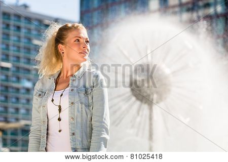 Woman at Fountain in Dresden Prager Strasse