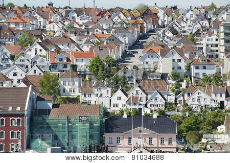 Aerial view of Stavanger city historical buildings in Stavanger, Norway.