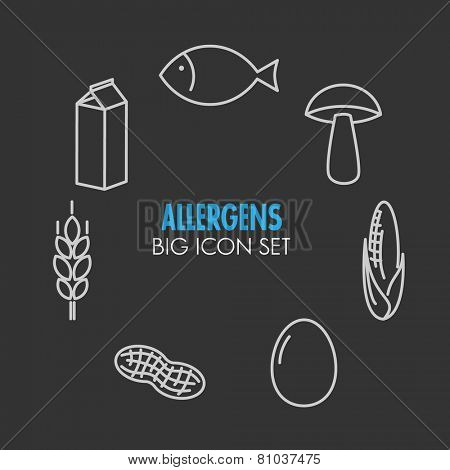 Vector icons set for allergens (milk, fish, egg, gluten, wheat, nut, lactose, corn, mushroom) on dark background