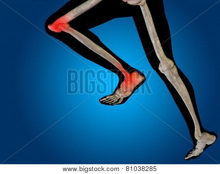 Conceptual 3D human man anatomy or health design, joint or articular pain, ache or injury on blue background