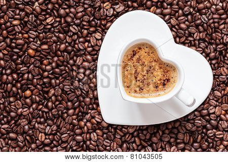 White Coffee Cup Heart Shaped With Cappucino
