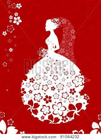 Bride silhouette, floral card in white and red colours
