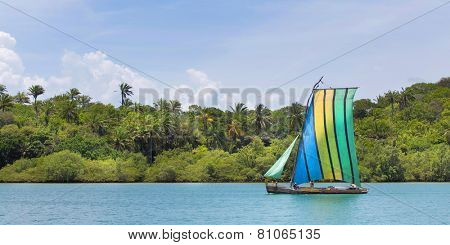Sail boat in the amazon of brazil: Rain forest near Salvador in the Bahia de Todos. Landscape with a traditional handmade boat of wood.