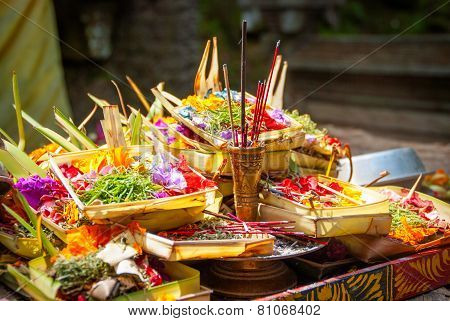 Hindu Offerings At The Temple In Bali, Indonesia
