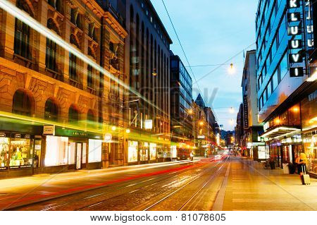 Night view of Aleksanterinkatu street in Helsinki