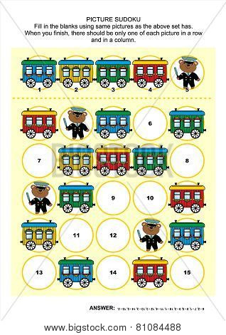 Picture sudoku puzzle with train cars and teddy bear