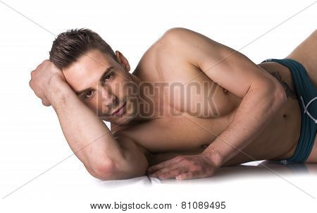 Cute Expression, Naked Young Man On White Sheets