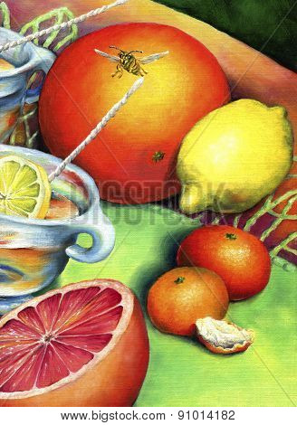 Citrus still-life with bee.